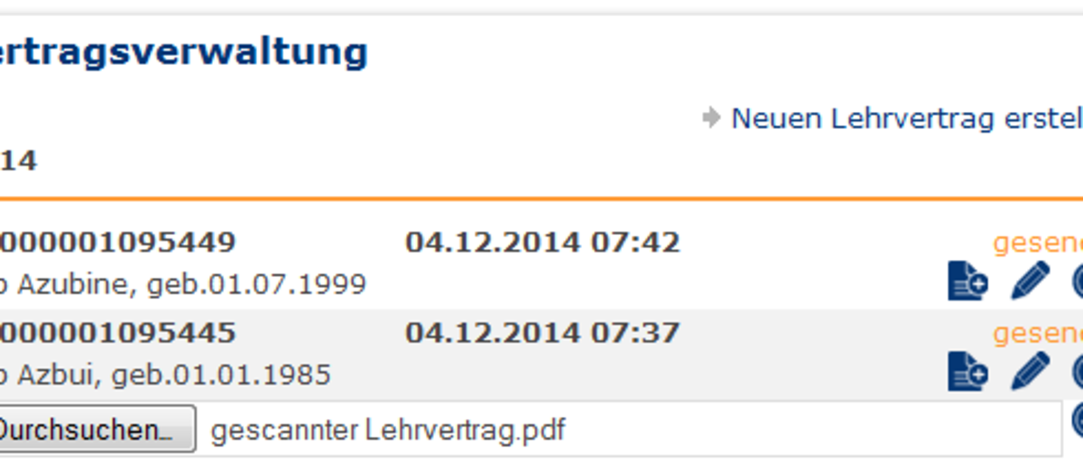 Beispielabbildung Kundenlogin Neuer Button zum Hochladen von Lehrverträgen