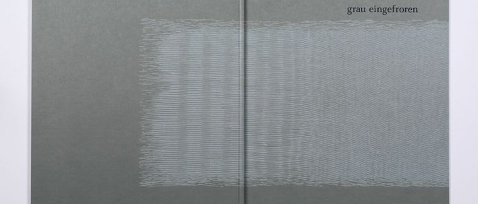 "grau eingefroren"; Pressendruckbuch, Papier, Pappe, Deckeneiband; 43,5 x 40 x 0,9 cm