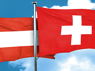 Austria flag with Switzerland flag, 3D rendering Schlagwort(e): Switzerland, Swiss, Austria, flag, austrian, nationality, nation, country, background, backdrops, government, culture, symbol, sovereign, state, illustration, graphic, 3D rendering, waving, flags, wind, folds, fold, blowing, blue, sky, pole, clouds, white, together, treaty, versus, agreement, tready, partners, partnership, double, combined, combination, two, politics, relations, trade, switzerland, swiss, austria, flag, austrian, nationality, nation, country, background, backdrops, government, culture, symbol, sovereign, state, illustration, graphic, 3d rendering, waving, flags, wind, folds, fold, blowing, blue, sky, pole, clouds, white, together, treaty, versus, agreement, tready, partners, partnership, double, combined, combination, two, politics, relations, trade