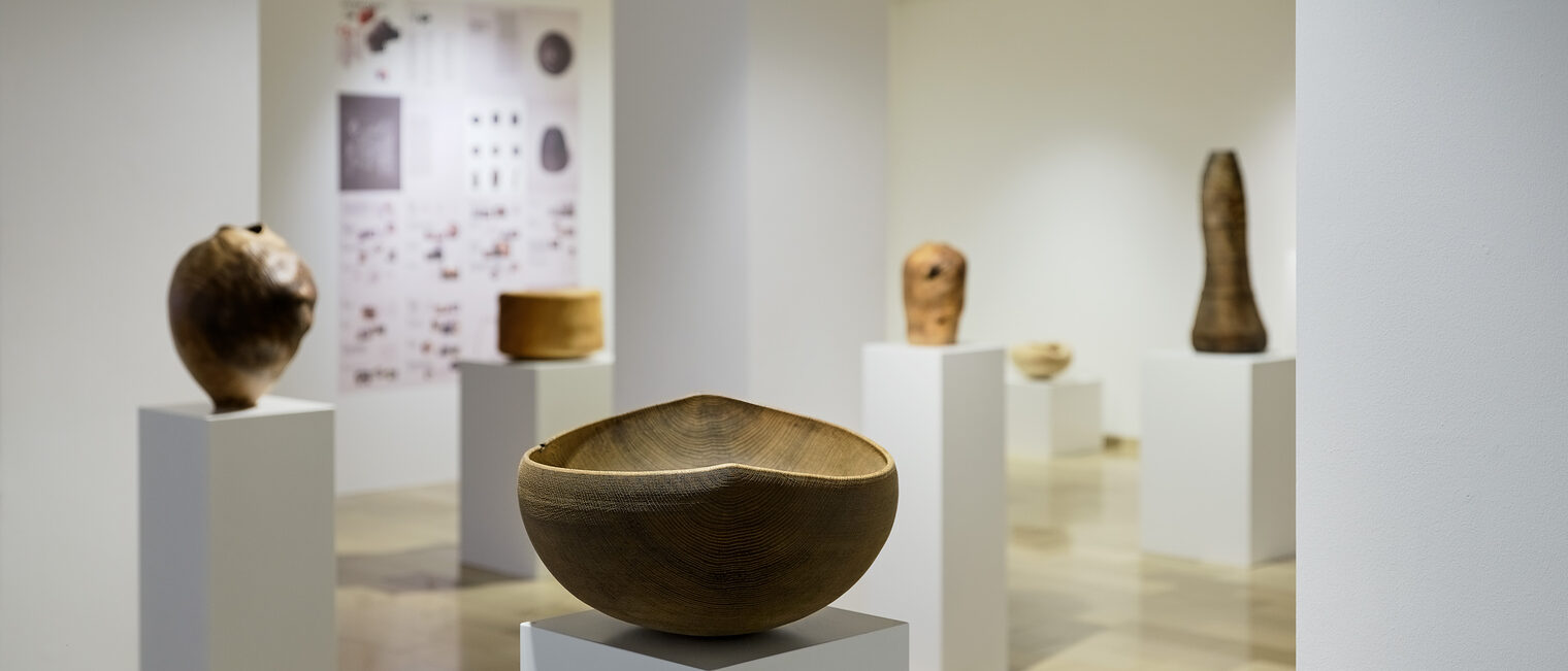 Holzgefäße und Skulpturen auf weißen Säulen. Werke des Künstlers Ernst Gamperl in der Galerie Handwerk.