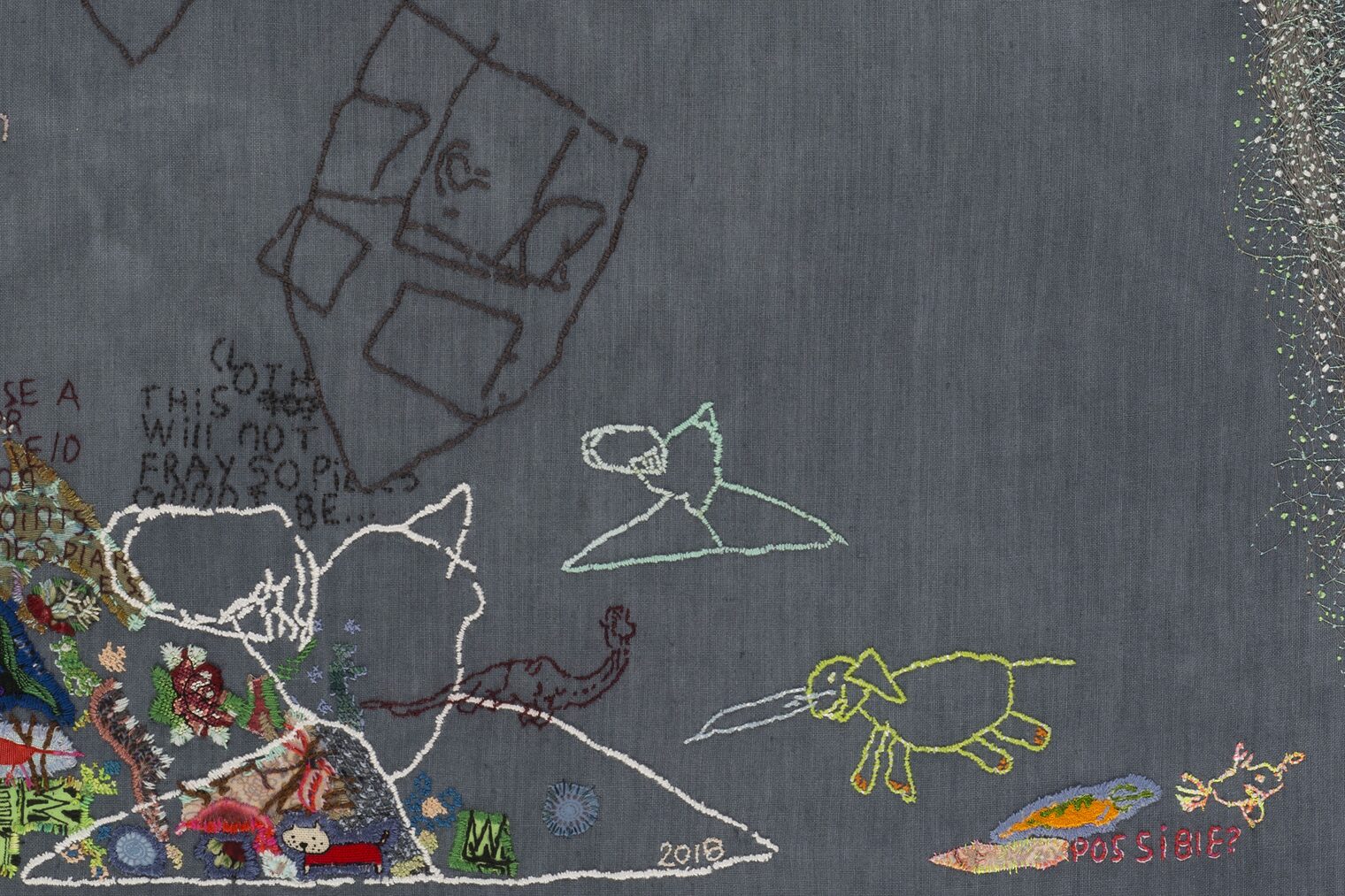 Stickerei-Arbeit von Tilleke Schwarz, Niederlande, bunte Fadenapplikationen auf dunklem Stoff, die an naive Malerei erinnern